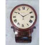 A Victorian mahogany and brass inlaid drop dial wall clock, Roman painted dial signed W.