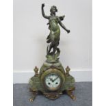 A mid to late 19th Century onyx figural mantel clock surmounted by spelter maiden,