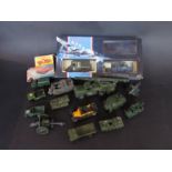 A box of played with military diecasts including boxed Dambusters set