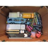 A box of played with diecast including, Dinky toys car transporter, Corgi road sweeper,