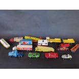 A box of played with diecasts including Matchbox King-Size K-18 Horse van, K-8 Car Transporter,