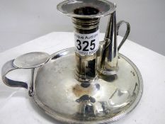A rare George III provincial silver Tontine chamberstick and snuffer, circular dish form with reeded