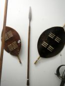 Zulu spear and two ceremonial shields