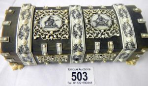 A Trinket box with bone decoration (approx. length 7", width 2 3/4", height 2") - slightly a/f (