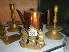 A Victorian copper water kettle, candles