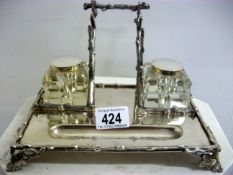 A Silver-plate ink stand (approx. length 9" / 23cm)