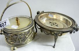 A Silver-plated muffin dish and silver-plated with glass bowl jam pot