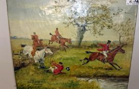 A oil on canvas of a Hunting Scene by R