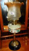 Oil lamp with painted vessel, brass column and marble base (approx. height 25" / 63.5cm)