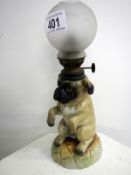 A Porcelain pug dog lamp with globe (approx. 10 1/2" / 26.75cm)
 
Condition
Small chip to