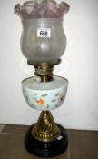 Victorian oil lamp on marble base and brass column with Duplex burners, opaque glass vessel and