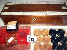 A Cribbage board box, set of draughts and a die box containing dice