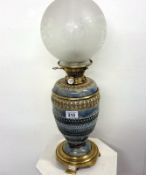 A Victorian Hinks Doulton Lambeth oil lamp with acid etched shade
 
Condition
Glass reservoir has