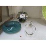 A 19th century cut glass measure, a small vasat dish and a heavy blue swirl art glass item