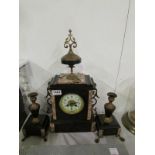 A 3 piece marble clock garniture, missing bell but springs OK and complete with key and pendelum