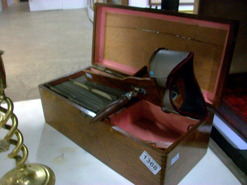 A stereoscope viewer with 97 cards by M E Wright in wooden box - Image 2 of 11