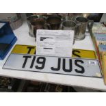 A set of car number plates T19 JUS with transfer certificate