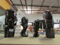 4 carved hard wood ethnic busts