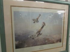 A Robert Taylor Battle of Britian dog fight print signed by Taylor and spitfire pilot Brian