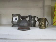 3 pewter jugs/tankards and a brass chara