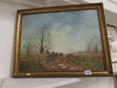 An oil on board of horses pulling timber