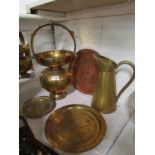 A large brass pot, brass jug, 2 brass tr