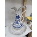 A blue and white jug and basin set