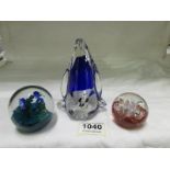 3 glass paperweights including Penguin a