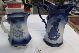 2 blue and white Staffordshire jugs