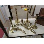 A mixed lot of brassware including piano sconces