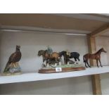 A pheasant figure by Kowa, a shire horse group and one other horse figure