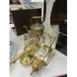 2 brass porch lanterns, a copper kettle,