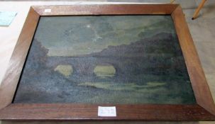 A 19th century oil on canvas 'River with bridge over water' initialled but indistinct, image 44cm
