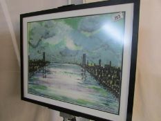 A framed and glazed oil on board 'Bridge over river in Cityscape'