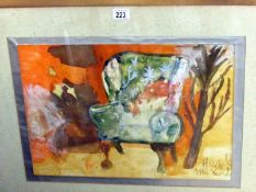 A framed and glazed watercolour 'In a Chelsea living room' Hazel McKinley, image 49cm x 35cm,