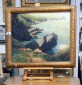 An oil on canvas 'Cliffs at Newquay' 1929 signed I. Vimey?, image 60 x 50cm, frame 74 x 64cm