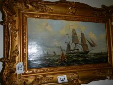 A gilt framed oil on canvas seascape, (frame a/f) image 36cm x 19cm frame 50cm x 33cm