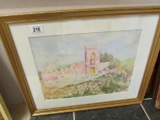 A framed and glazed watercolour 'Church scene' by Owen Bowen 1873-1967, image 39cm x 39cm, frame