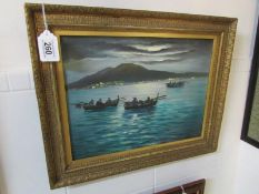 A framed oil on canvas 'Night fishing' signed but indistinct, image 39cm x 29cm, frame 50cm x 40cm