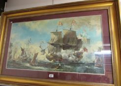 A large gilt framed print 'The Sea Battle', after Wilcox, image 94 x 50cm, frame 120cm x 78cm