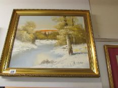 An original oil on canvas 'River in Winter', C. Harding? image 49cm x 39cm, frame 59cm x 49cm