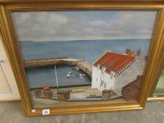 A modern gilt framed oil on canvas harbour scene, image 60cm x 50cm, frame 69cm x 59cm