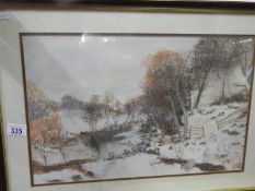 A framed and glazed Gouche painting, sheep in winter landscape, signed but indistinct, image 50cm