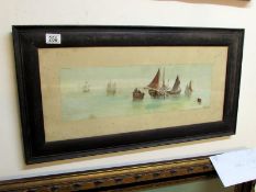 A framed and glazed watercolour 'Fishing boats' signed D M Robinson 1919, image 50cm x 15cm, frame