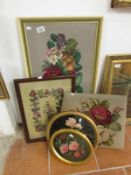 2 crewel work pictures, a crewel work seat and 2 other oil and silk pictures