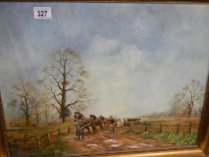 A gilt framed oil on board farming scene signed H Cooper. image 55cm x 41cm, frame 62cm x 48cm