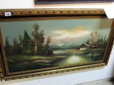 An oil on canvas 'Alpine scene' image 99cm x 49cm, frame 116cm x 67cm