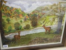 A framed and glazed pastel of stag and hind by river, image 55cm x 38cm, frame 66cm x 48cm