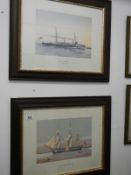 2 framed and glazed nautical prints, HMS Speedwell by W Fred Mitchell 1892 and A 42 gun frigate
