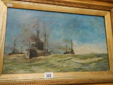A framed oil painting of 3 battleships signed A Eyles, image 39cm x 29cm